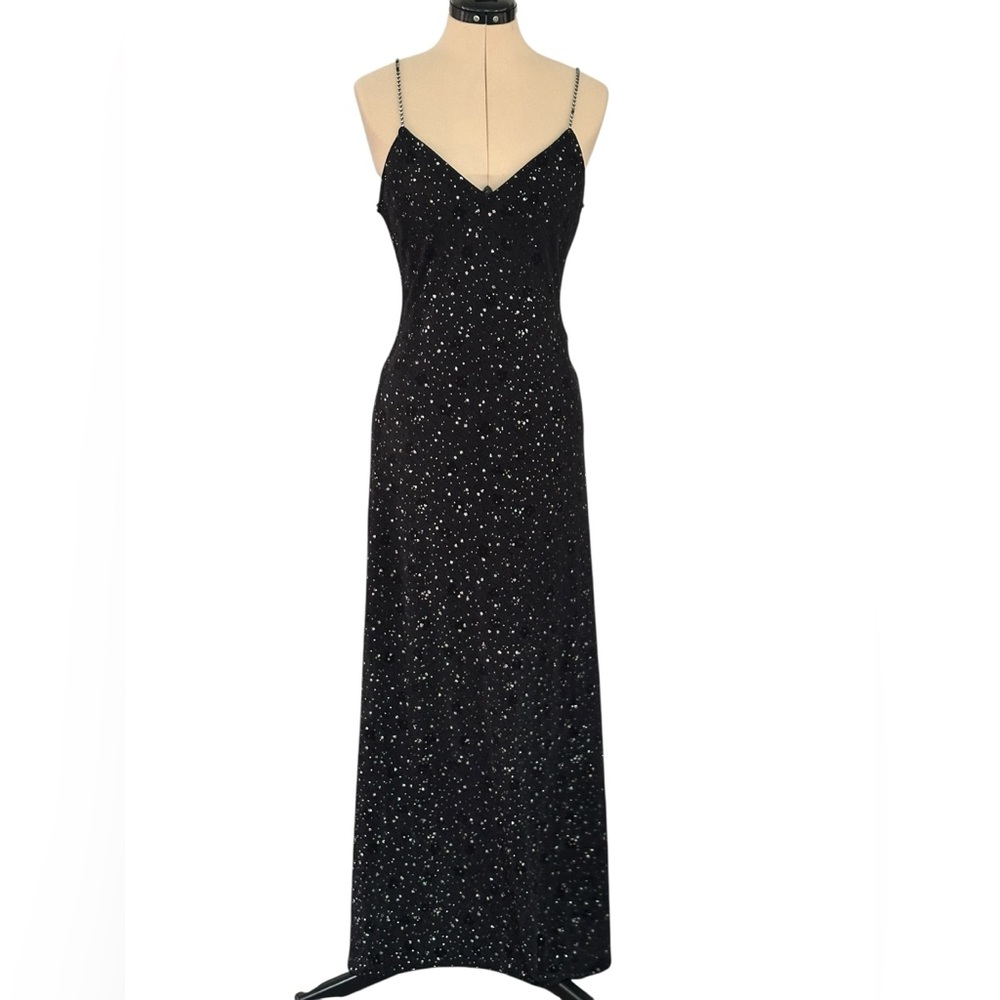90s Jump Black Slinky Dress with Floral Glitter Pattern & Faux Crystal Straps